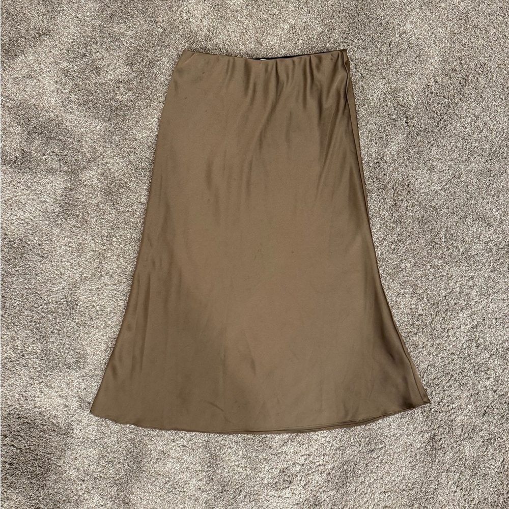 The Drop - Chic Brown/Taupe/Green Midi Satin Skirt, size Medium